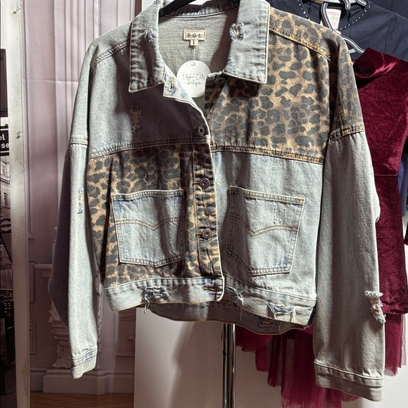 Distressed Denim and Leopard Short Oversized Jacket - Picture 1 of 17